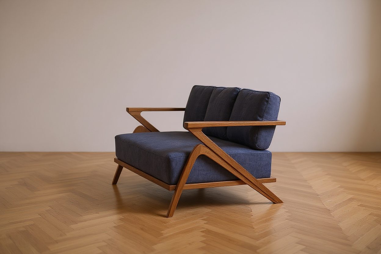 Navy two-seater sofa on a teak Z-frame