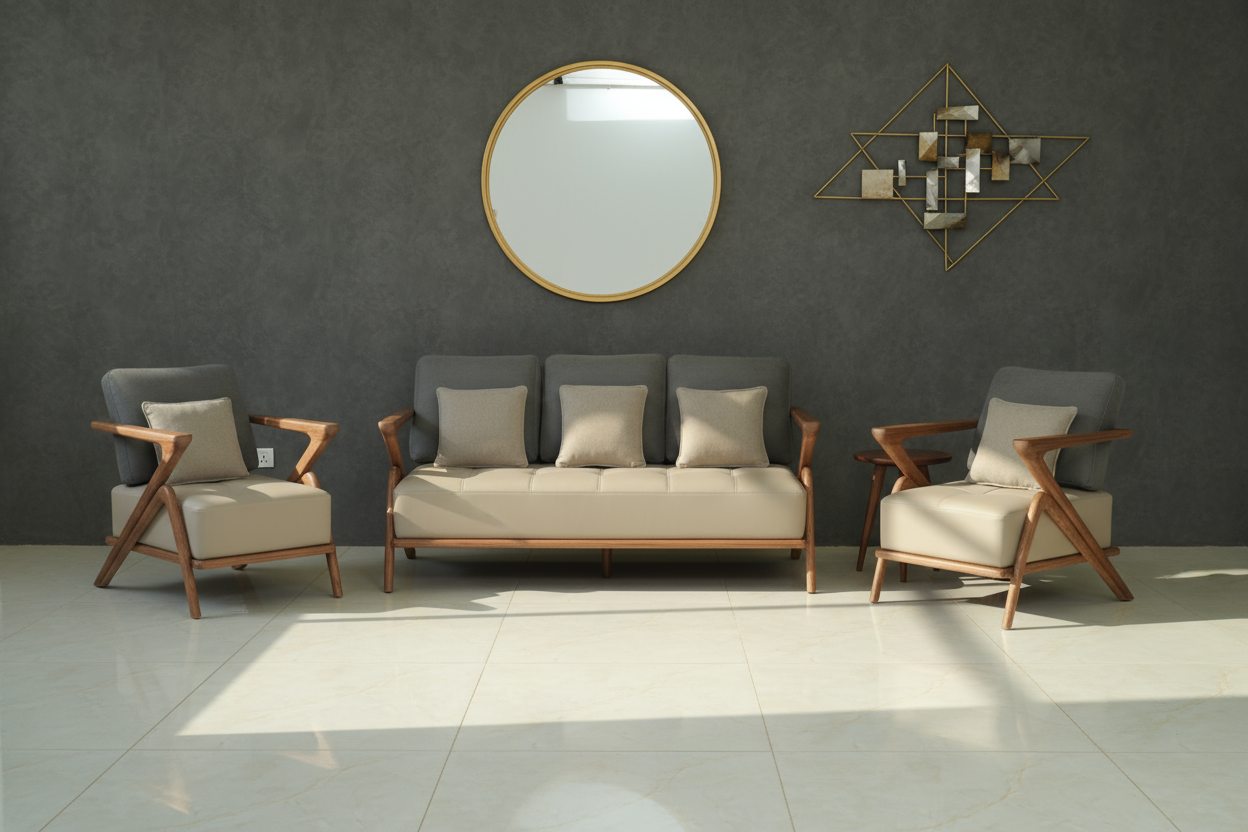 A 3+1+1 sofa set in solid teak with grey and beige upholstery